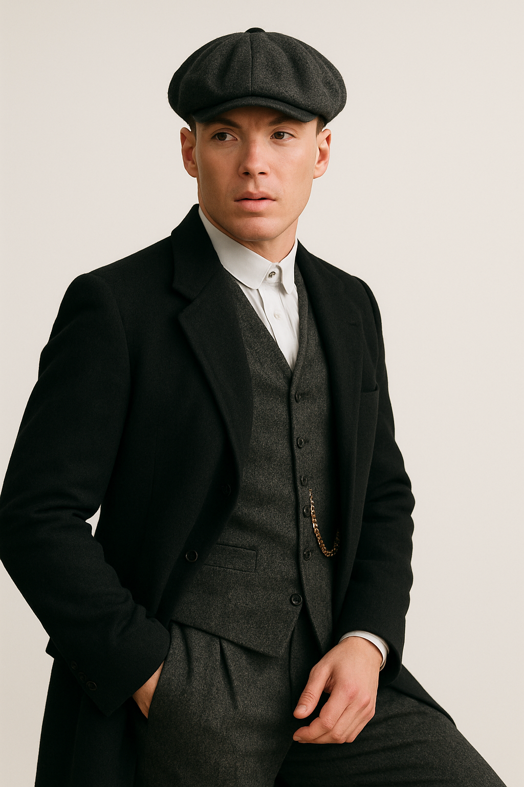 Mens Costume Thomas Shelby Grey 3 Piece Suit with Black Overcoat & Hat