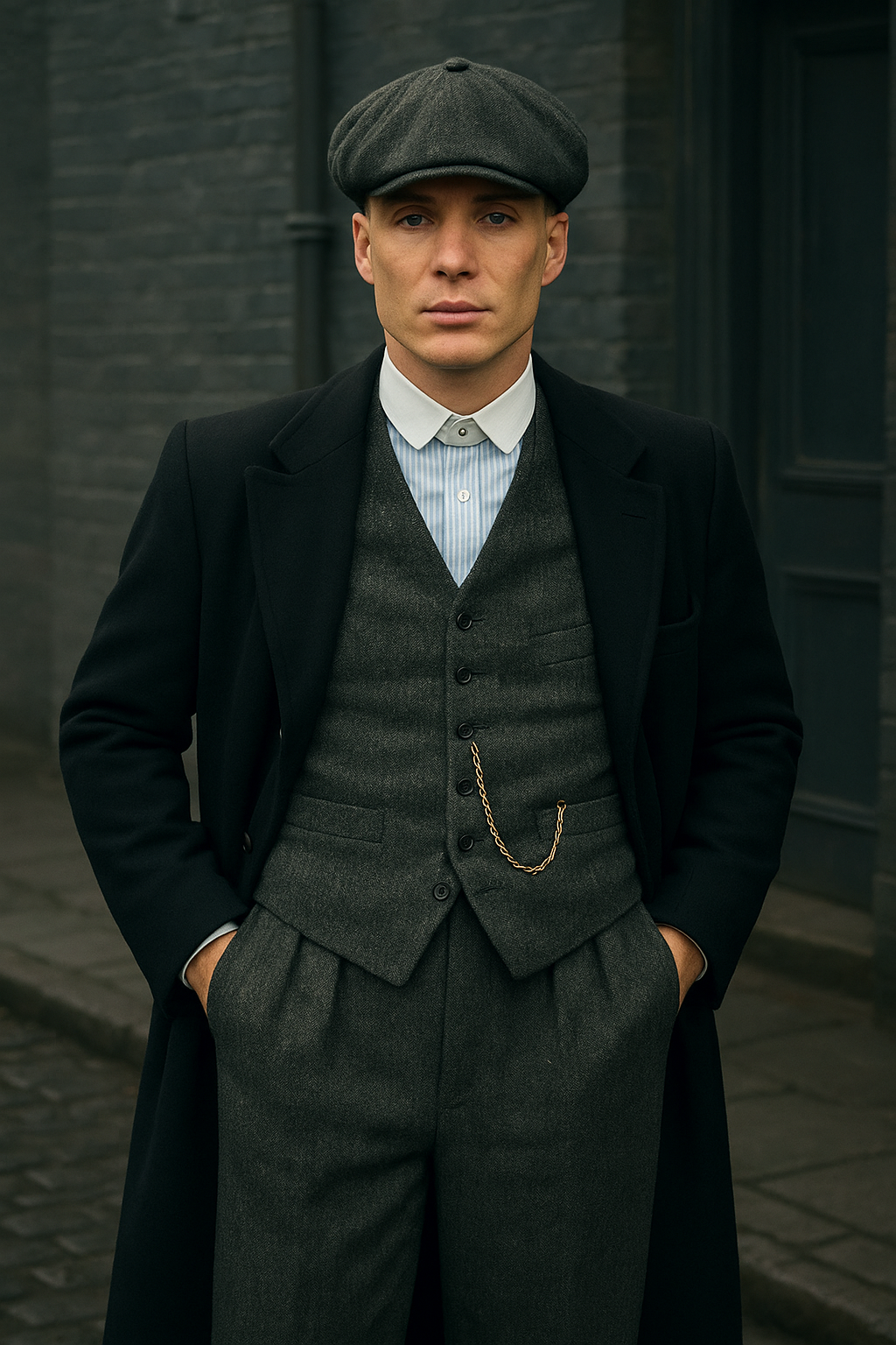 Mens Costume Thomas Shelby Grey 3 Piece Suit with Black Overcoat & Hat