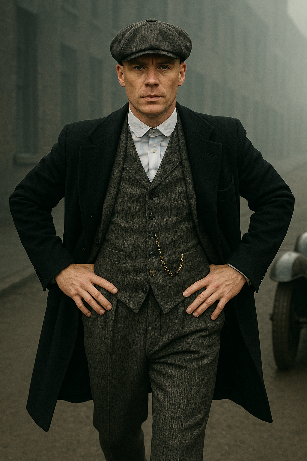 Mens Costume Thomas Shelby Grey 3 Piece Suit with Black Overcoat & Hat