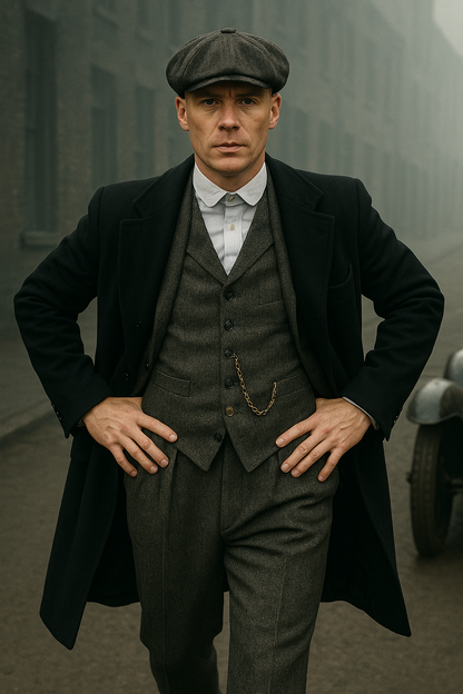 Mens Costume Thomas Shelby Grey 3 Piece Suit with Black Overcoat & Hat