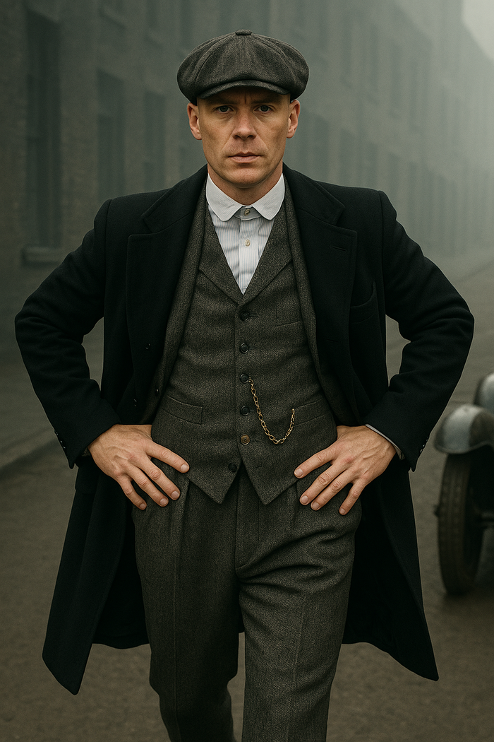Mens Costume Thomas Shelby Grey 3 Piece Suit with Black Overcoat & Hat