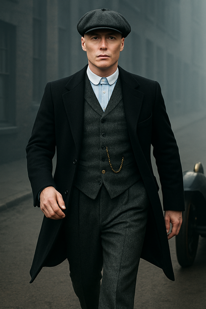 Mens Costume Thomas Shelby Grey 3 Piece Suit with Black Overcoat & Hat