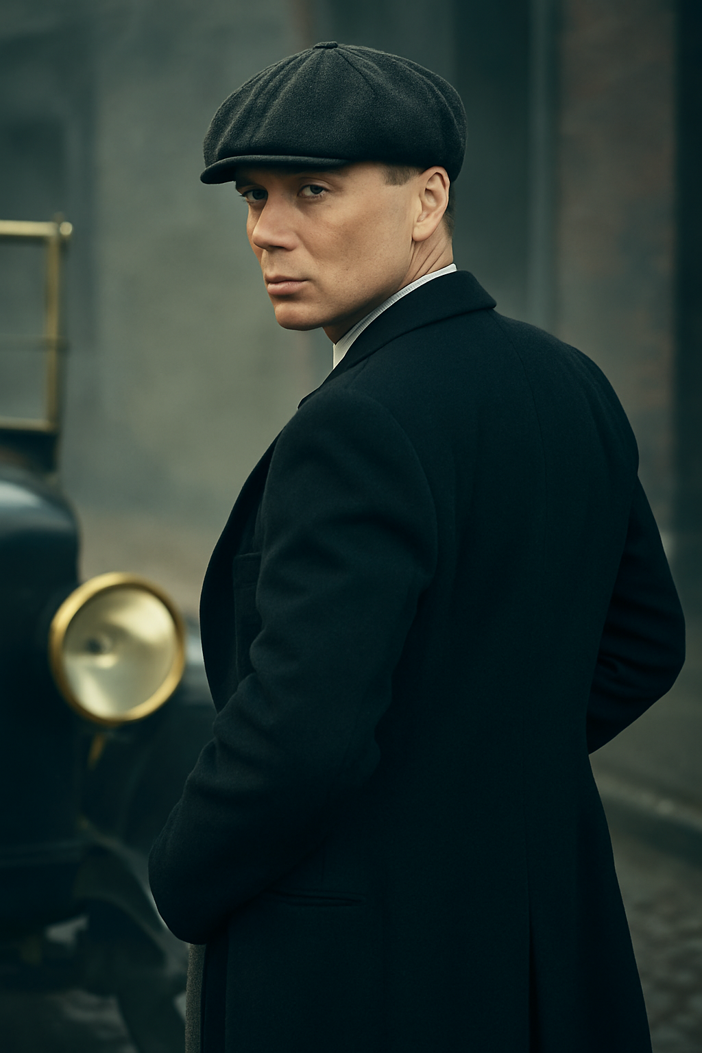 Mens Costume Thomas Shelby Grey 3 Piece Suit with Black Overcoat & Hat
