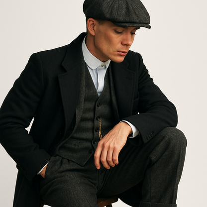 Mens Costume Thomas Shelby Grey 3 Piece Suit with Black Overcoat & Hat