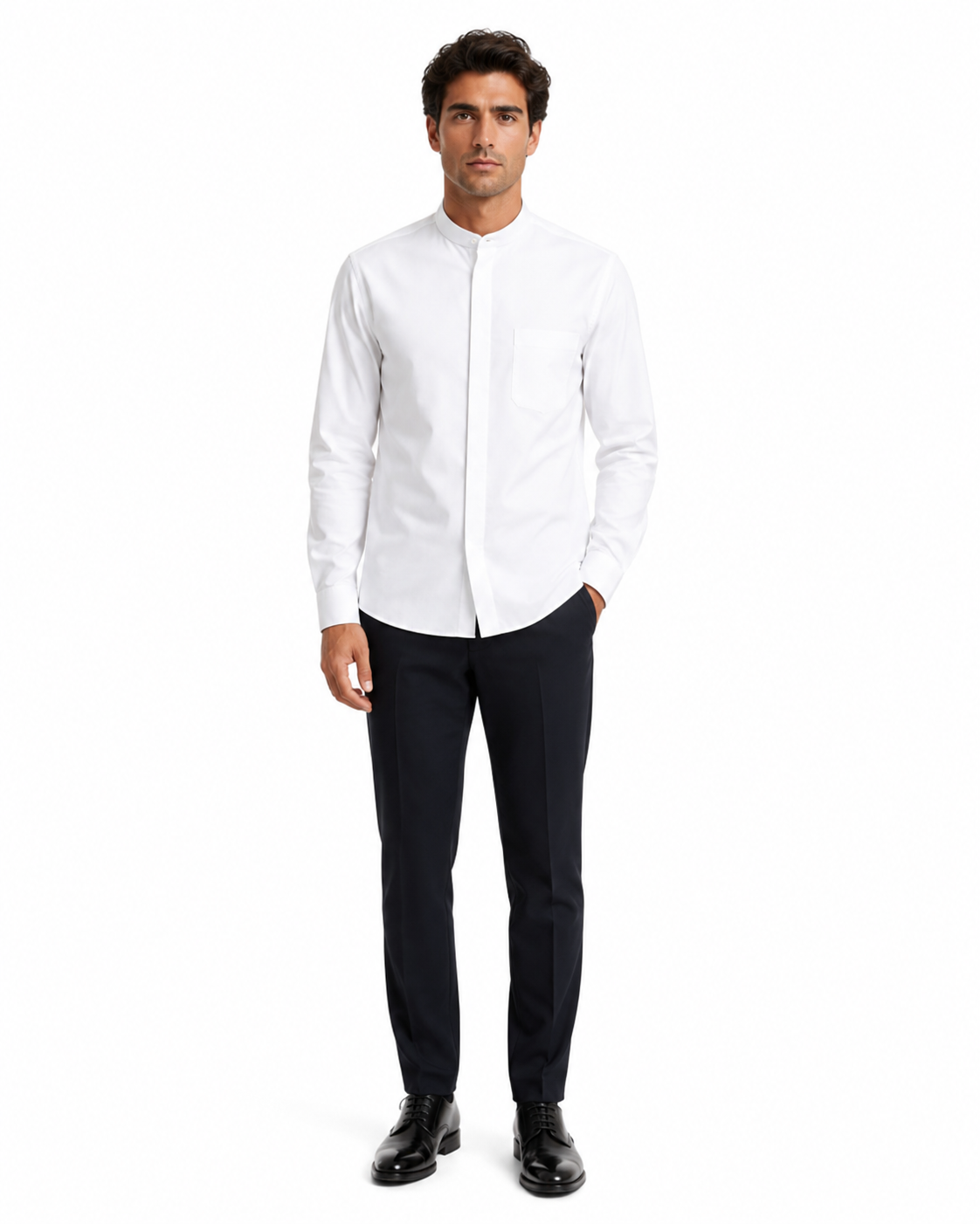 Mens Cotton French Front Mandarin Shirt in White