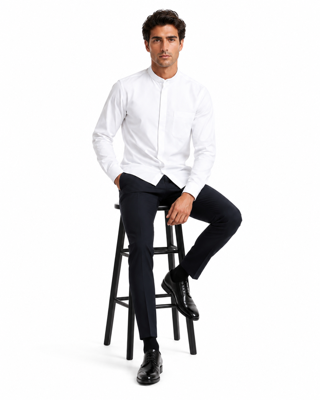 Mens Cotton French Front Mandarin Shirt in White