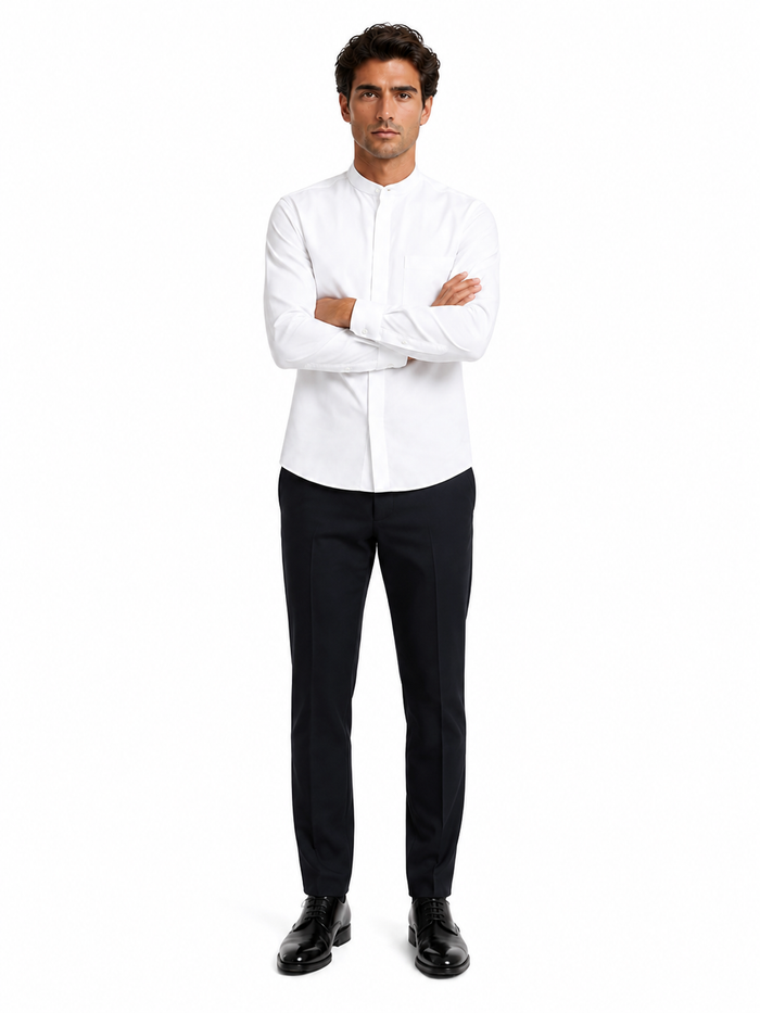 Mens Cotton French Front Mandarin Shirt in White