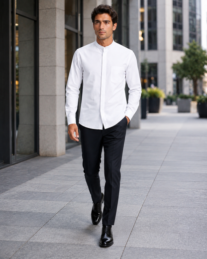 Mens Cotton French Front Mandarin Shirt in White