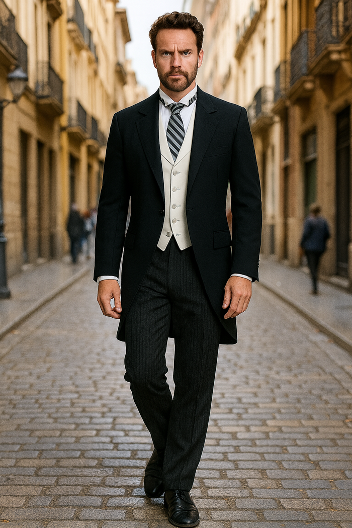 Black Peak Lapel Cutaway Tuxedo  Long Single-Breasted Suit Perfect for Musicians and Weddings