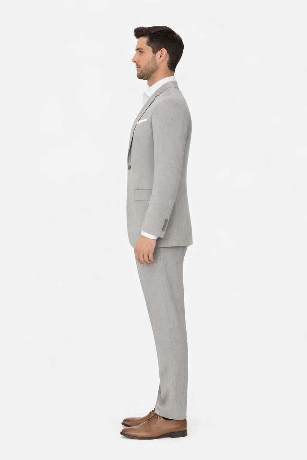 Mens Designer 2 Button Peak Lapel Grenada Prom Tuxedo Suit in Light Grey