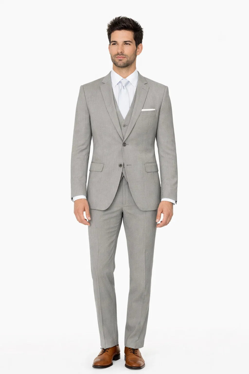 Mens Designer 2 Button Peak Lapel Grenada Prom Tuxedo Suit in Light Grey
