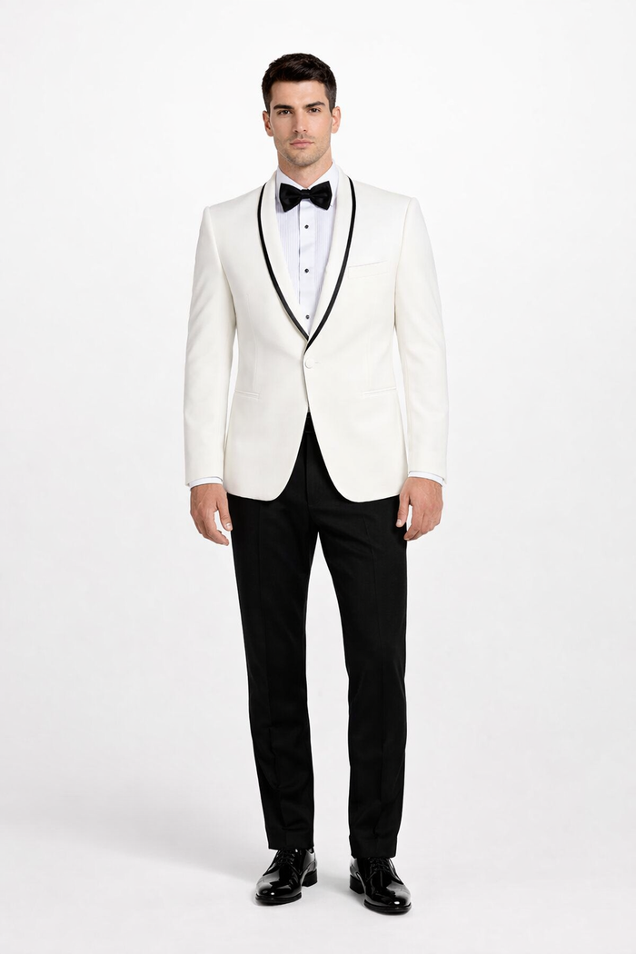 Mens Designer Charles Shawl Dinner Jacket in Ivory with Black Trim