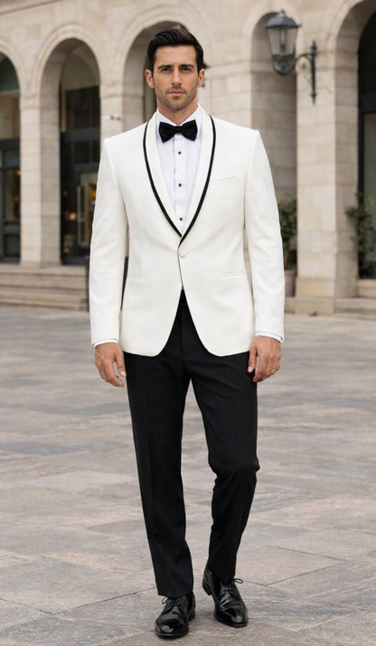 Mens Designer Charles Shawl Dinner Jacket in Ivory with Black Trim