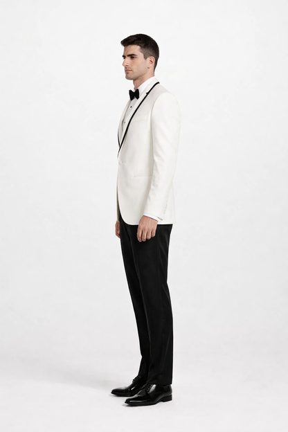 Mens Designer Charles Shawl Dinner Jacket in Ivory with Black Trim