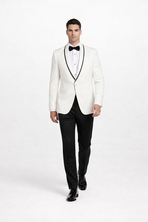 Mens Designer Charles Shawl Dinner Jacket in Ivory with Black Trim
