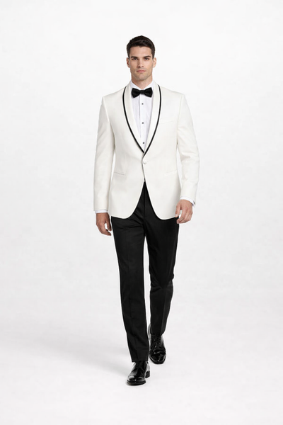Mens Designer Charles Shawl Dinner Jacket in Ivory with Black Trim