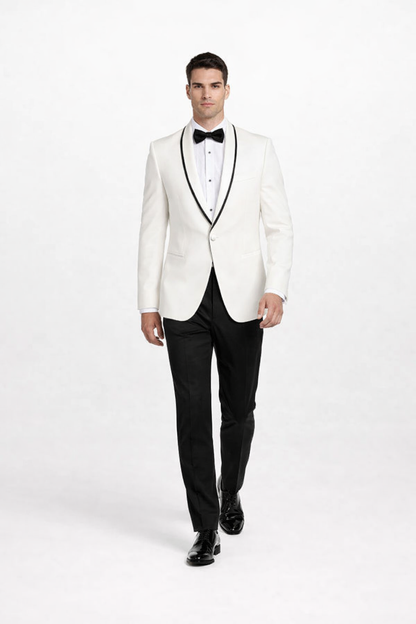 Mens Designer Charles Shawl Dinner Jacket in Ivory with Black Trim