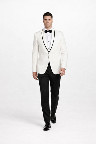 Mens Designer Charles Shawl Dinner Jacket in Ivory with Black Trim
