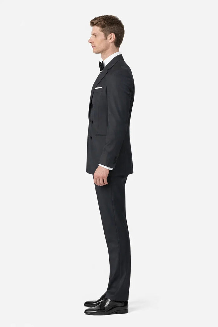 Men's Designer Double Breasted Wool Tuxedo in Black