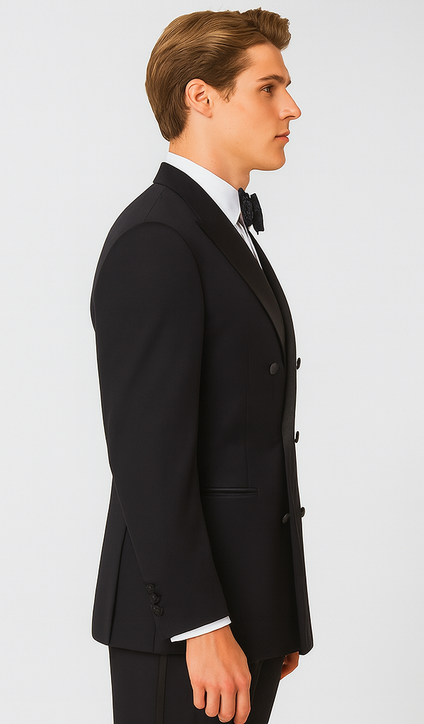 Mens Designer Double Breasted Wool Tuxedo in Black