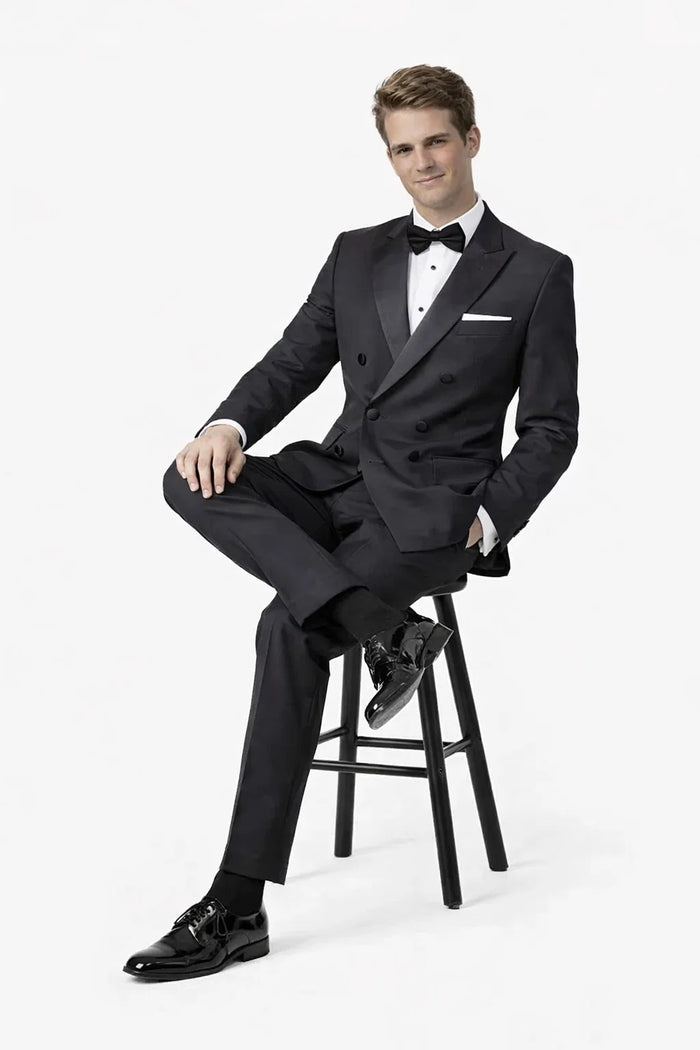 Men's Designer Double Breasted Wool Tuxedo in Black