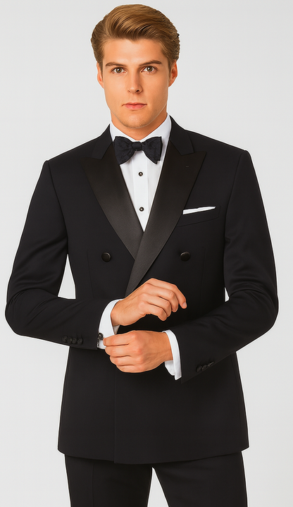 Mens Designer Double Breasted Wool Tuxedo in Black