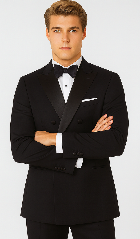 Mens Designer Double Breasted Wool Tuxedo in Black