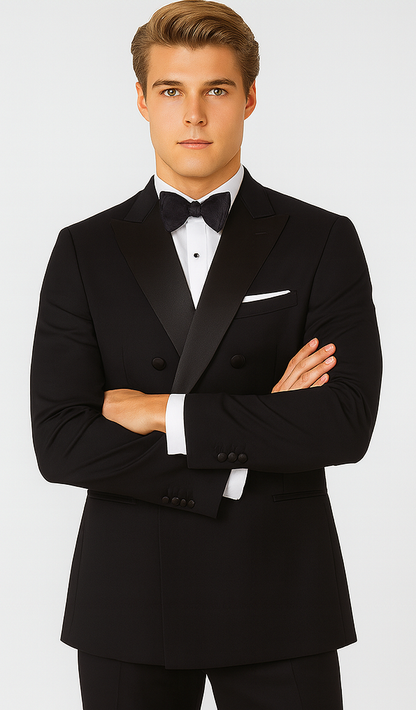 Mens Designer Double Breasted Wool Tuxedo in Black