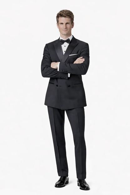 Mens Designer Double Breasted Wool Tuxedo in Black