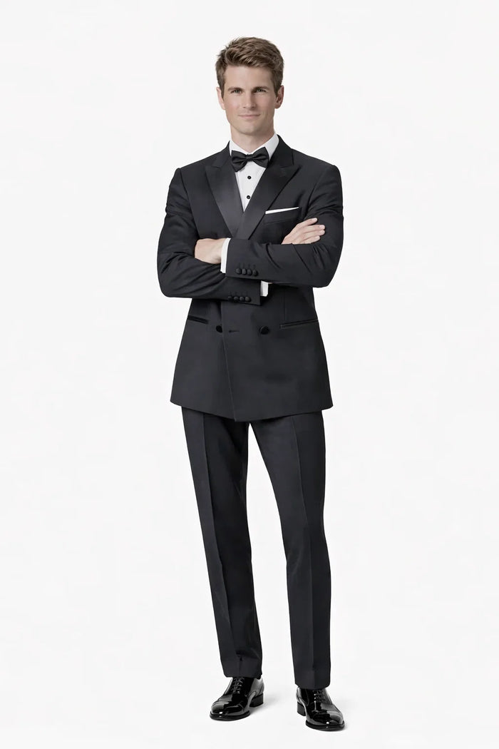 Men's Designer Double Breasted Wool Tuxedo in Black