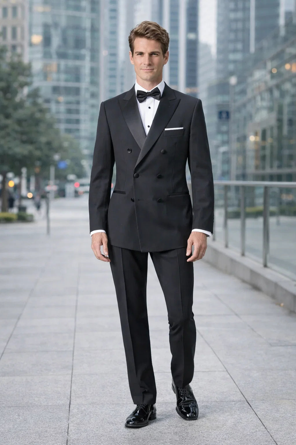 Mens Designer Double Breasted Wool Tuxedo in Black
