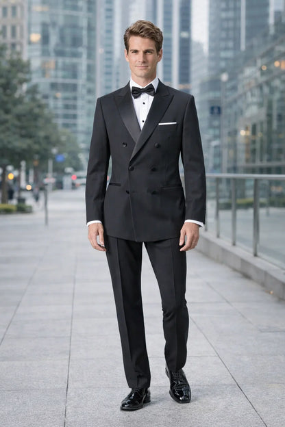 Mens Designer Double Breasted Wool Tuxedo in Black