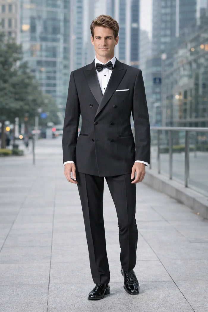 Men's Designer Double Breasted Wool Tuxedo in Black