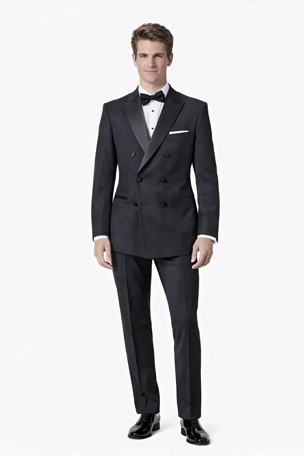 Mens Designer Double Breasted Wool Tuxedo in Black
