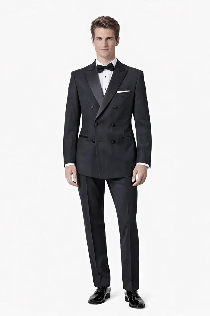Men's Designer Double Breasted Wool Tuxedo in Black