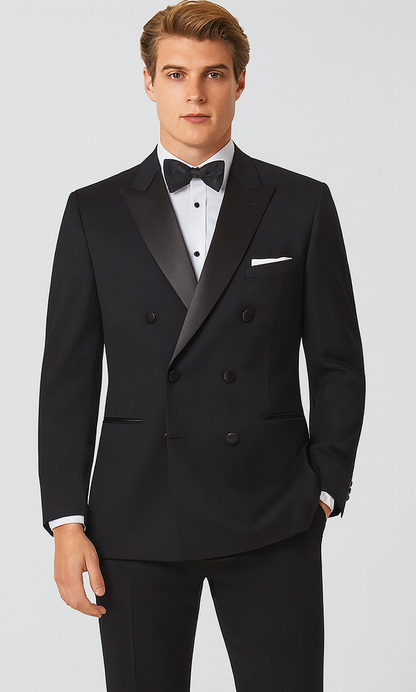 Mens Designer Double Breasted Wool Tuxedo in Black