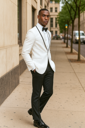 Mens White and Black Trim Collar - Prom Tuxedo Wedding Suit Shawl Collar Jacket  Pants  Vest