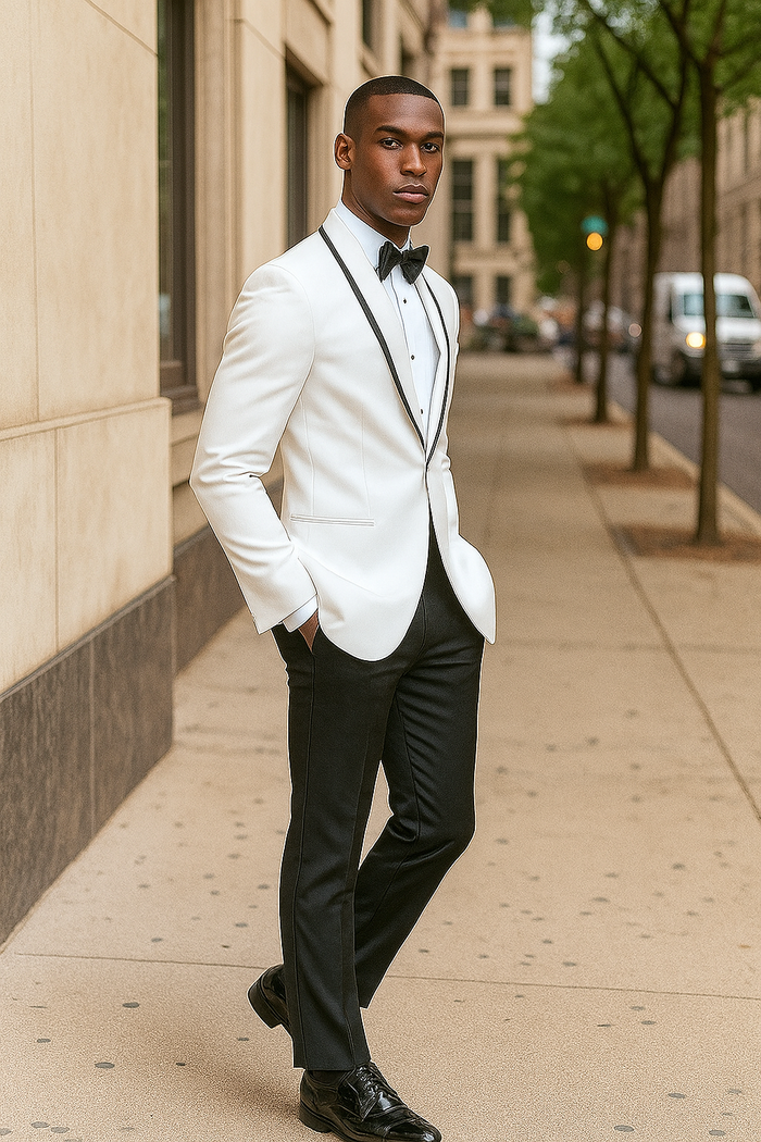 Mens White and Black Trim Collar - Prom Tuxedo Wedding Suit Shawl Collar Jacket  Pants  Vest