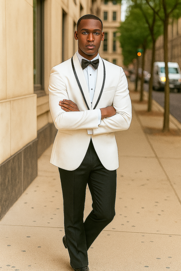 Mens White and Black Trim Collar - Prom Tuxedo Wedding Suit Shawl Collar Jacket  Pants  Vest
