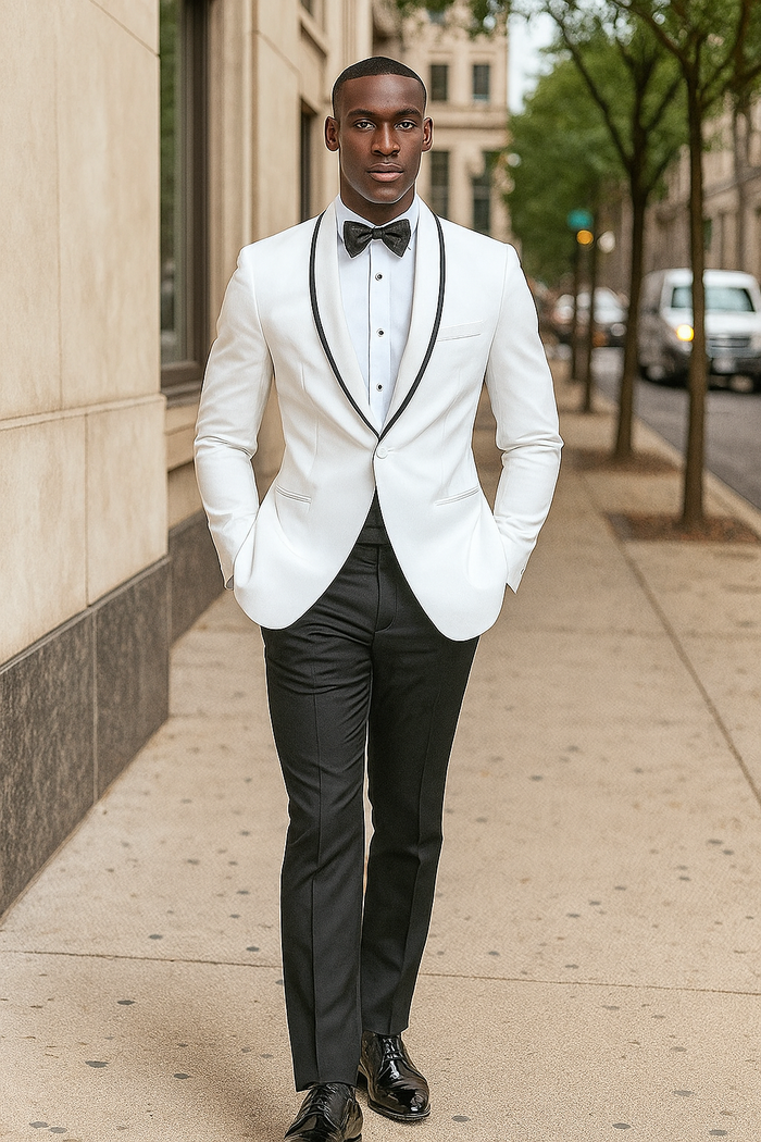 Mens White and Black Trim Collar - Prom Tuxedo Wedding Suit Shawl Collar Jacket  Pants  Vest