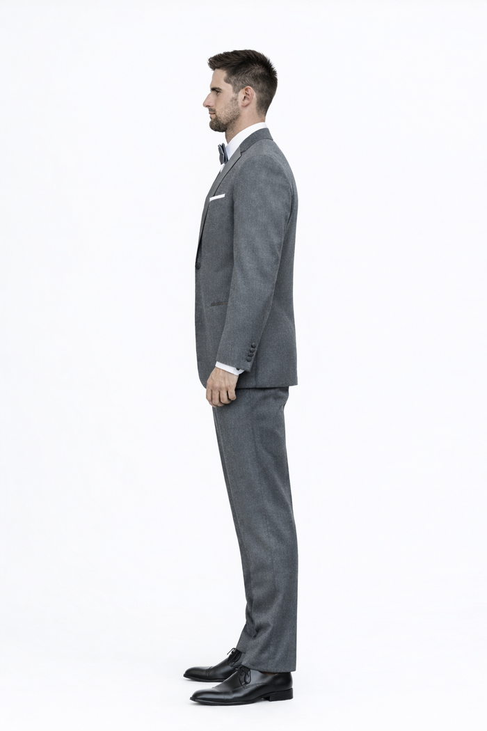 Mens Designer Grayson Satin Trim Wedding Tuxedo in Grey
