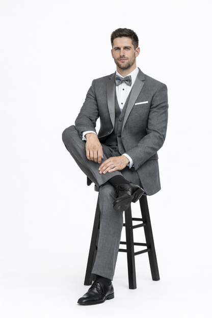 Mens Designer Grayson Satin Trim Wedding Tuxedo in Grey