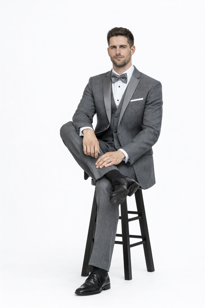 Mens Designer Grayson Satin Trim Wedding Tuxedo in Grey