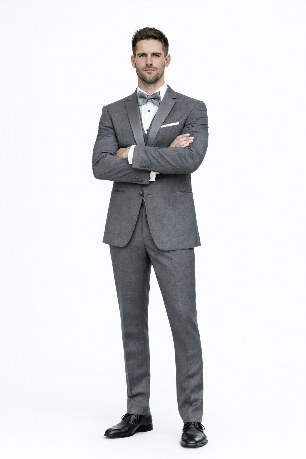 Mens Designer Grayson Satin Trim Wedding Tuxedo in Grey