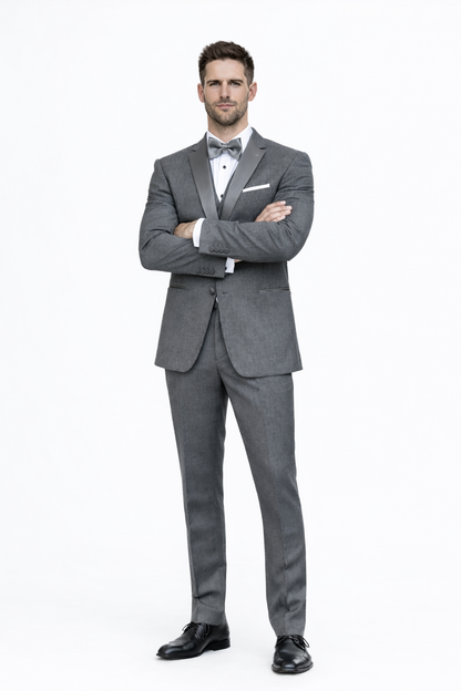 Mens Designer Grayson Satin Trim Wedding Tuxedo in Grey