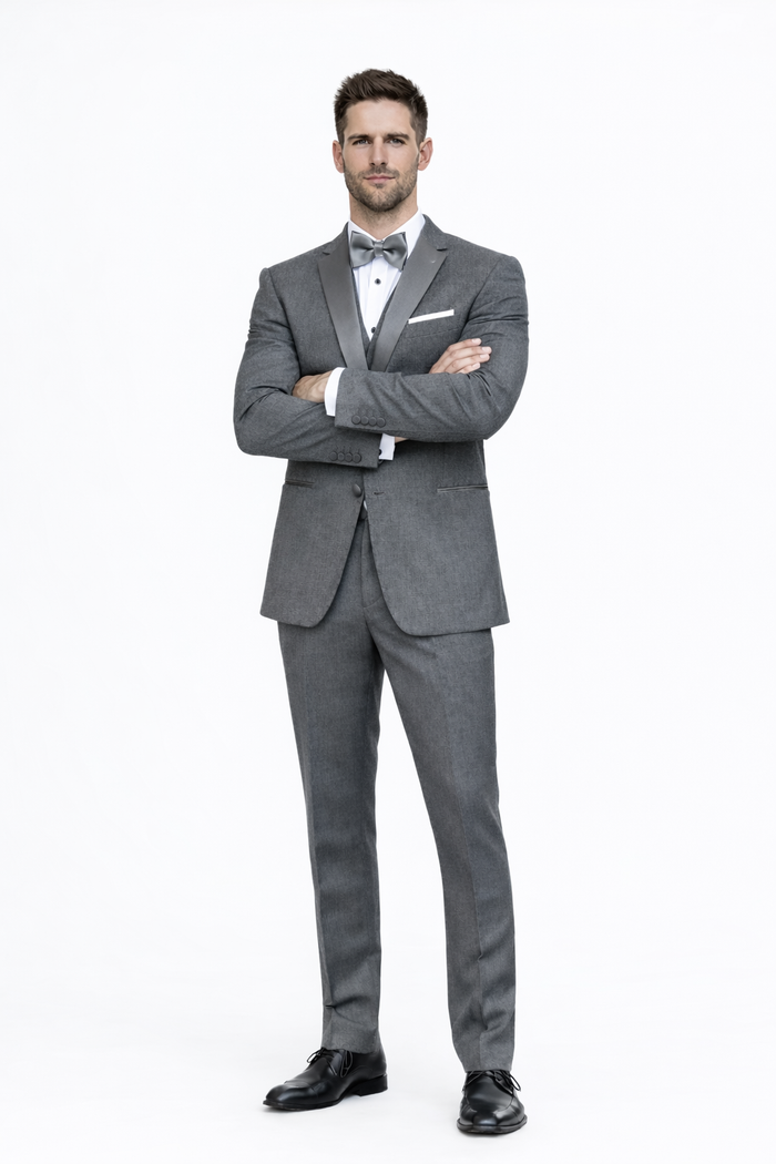 Mens Designer Grayson Satin Trim Wedding Tuxedo in Grey
