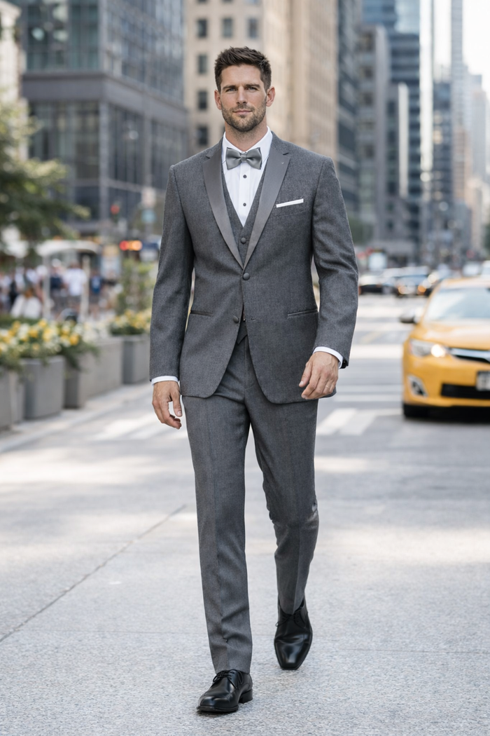 Mens Designer Grayson Satin Trim Wedding Tuxedo in Grey