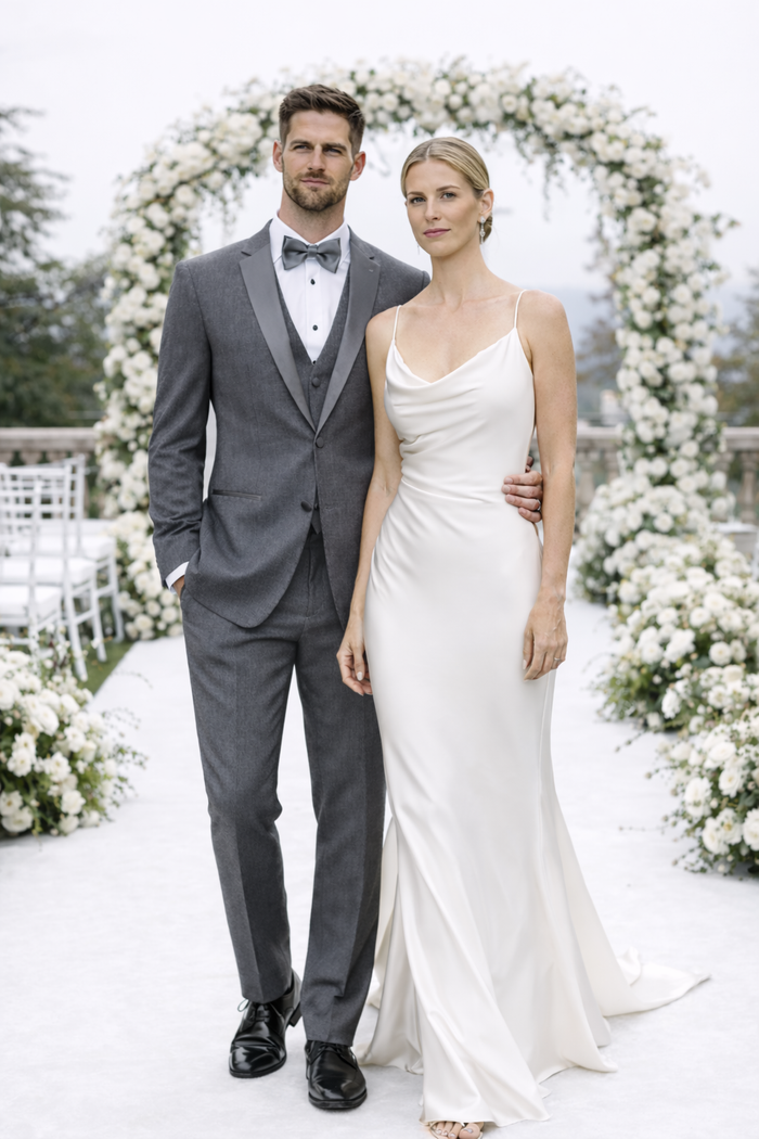 Mens Designer Grayson Satin Trim Wedding Tuxedo in Grey