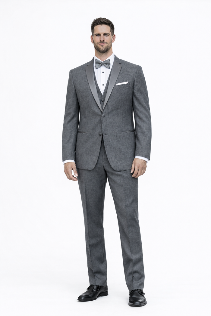 Mens Designer Grayson Satin Trim Wedding Tuxedo in Grey