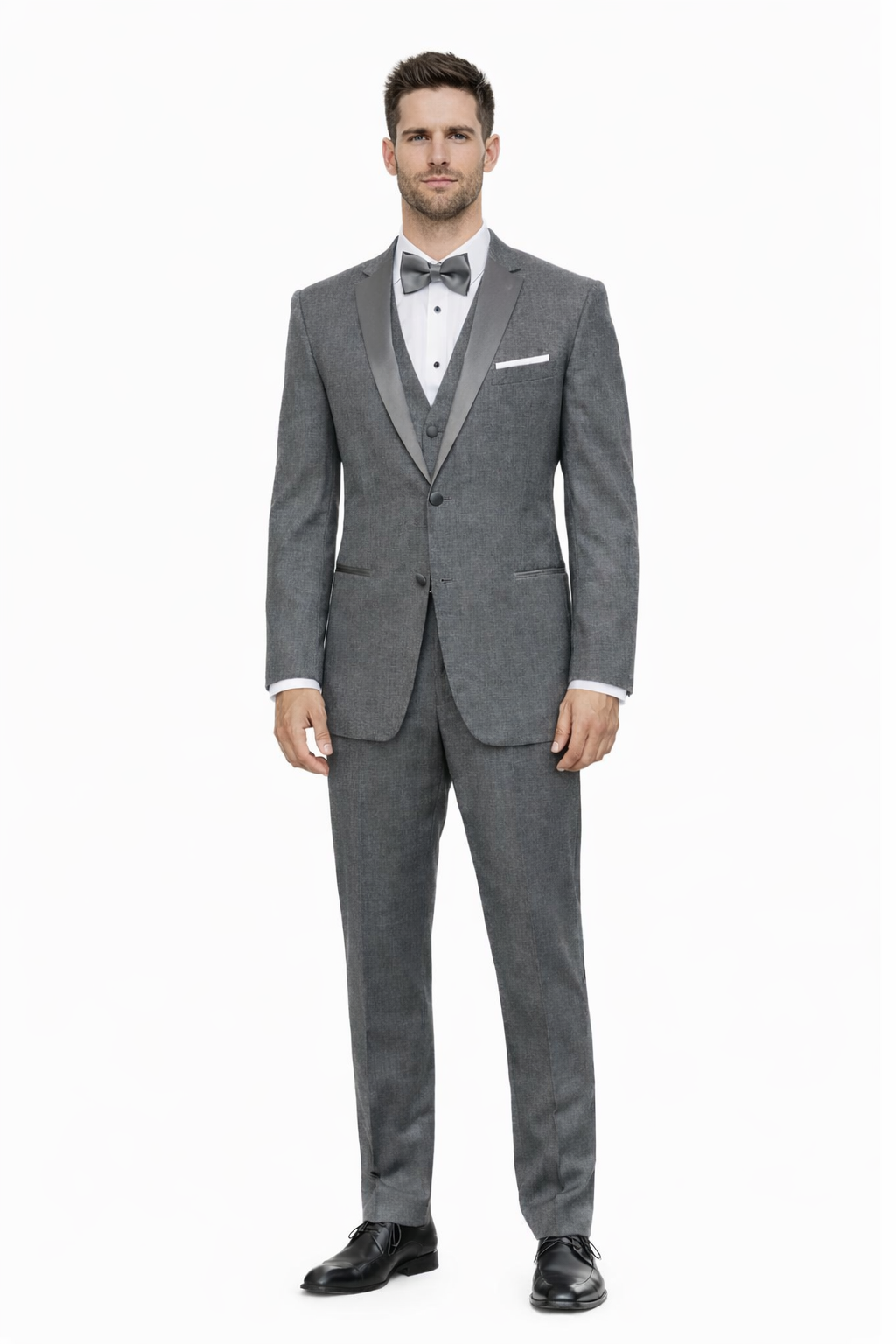 Mens Designer Grayson Satin Trim Wedding Tuxedo in Grey